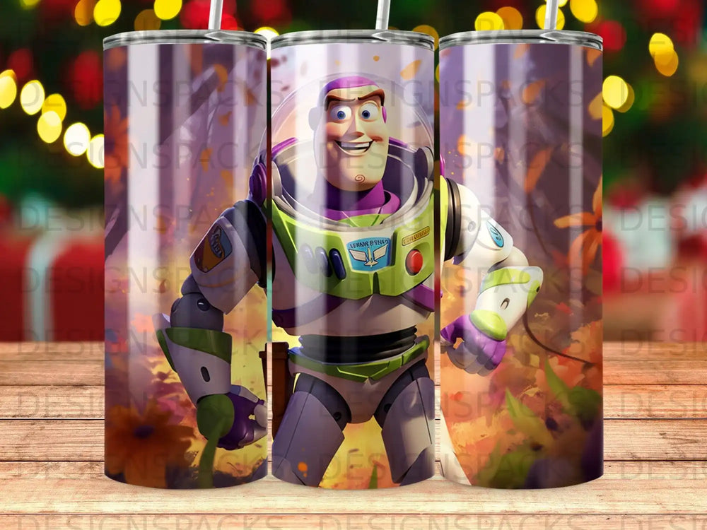 Buzz Lightyear character on a tumbler with blurred background of lights and flowers.