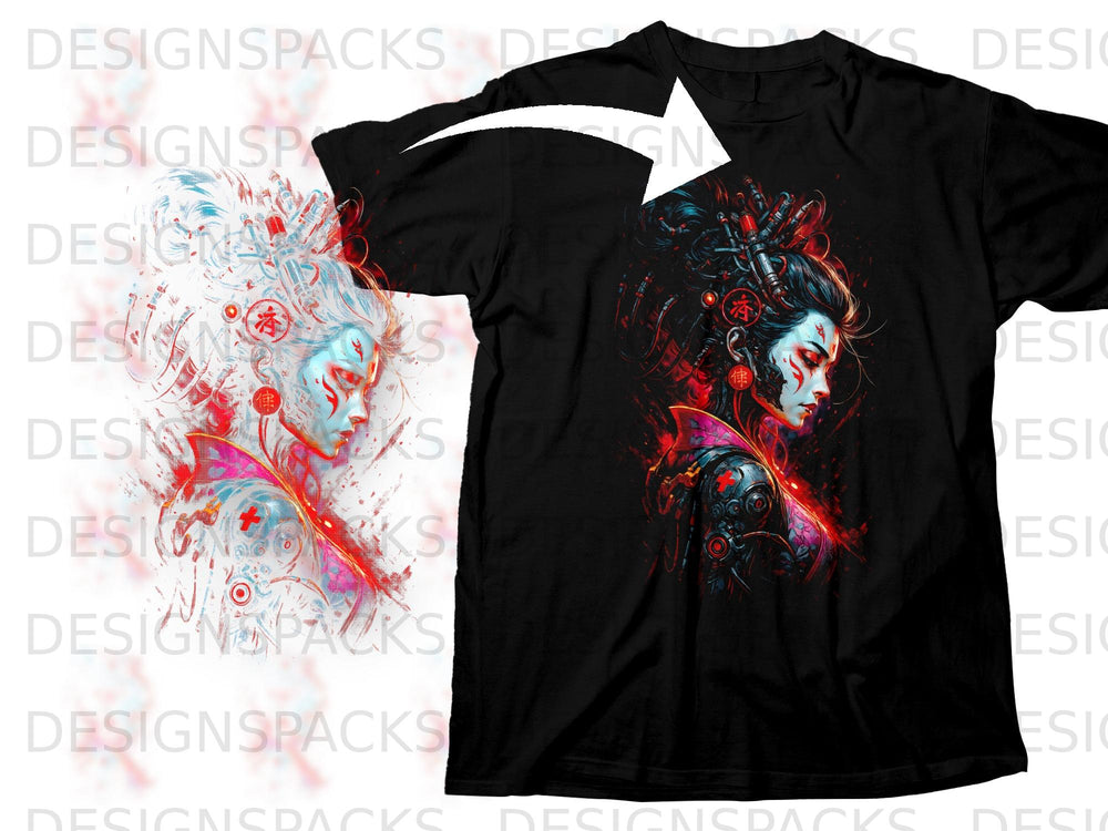 Black t-shirt with a graphic of a cybernetic geisha in red, blue, and white.