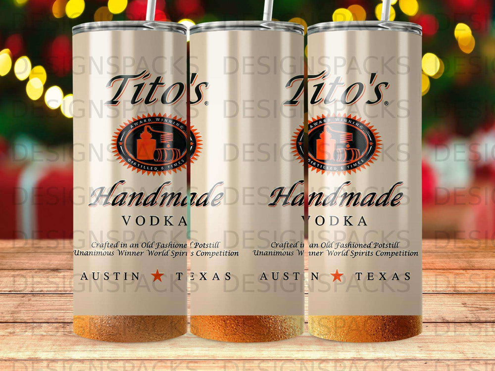 Tito's Handmade Vodka Austin, Texas tumbler with award winning and distilled 6 times text.