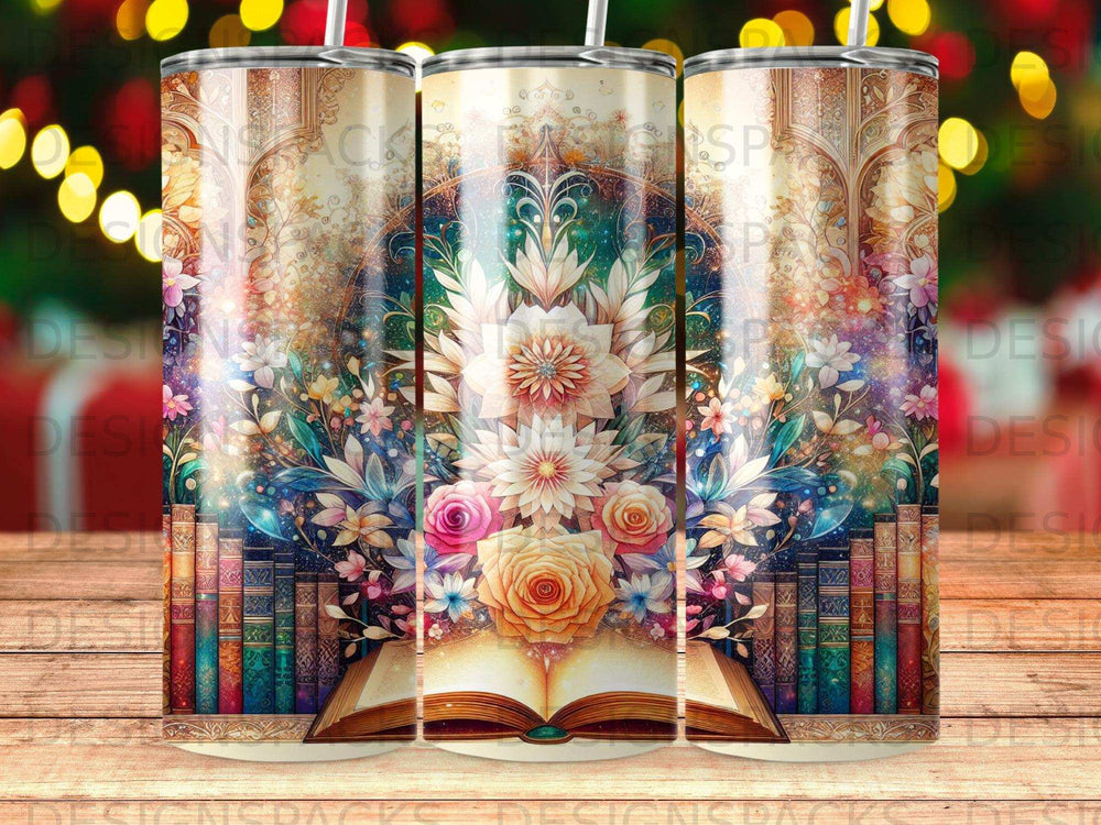 Open book with floral design and ornate border, displayed on a tumbler.
