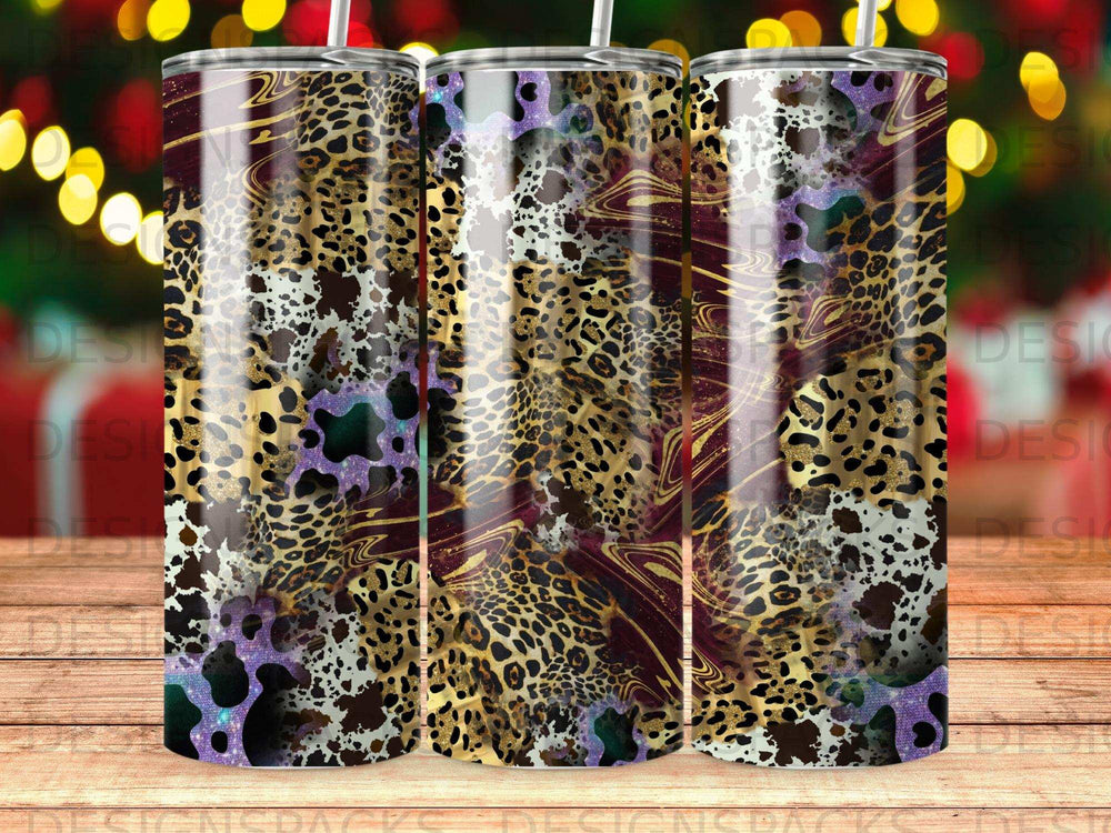 Tumbler with leopard print and purple swirls.