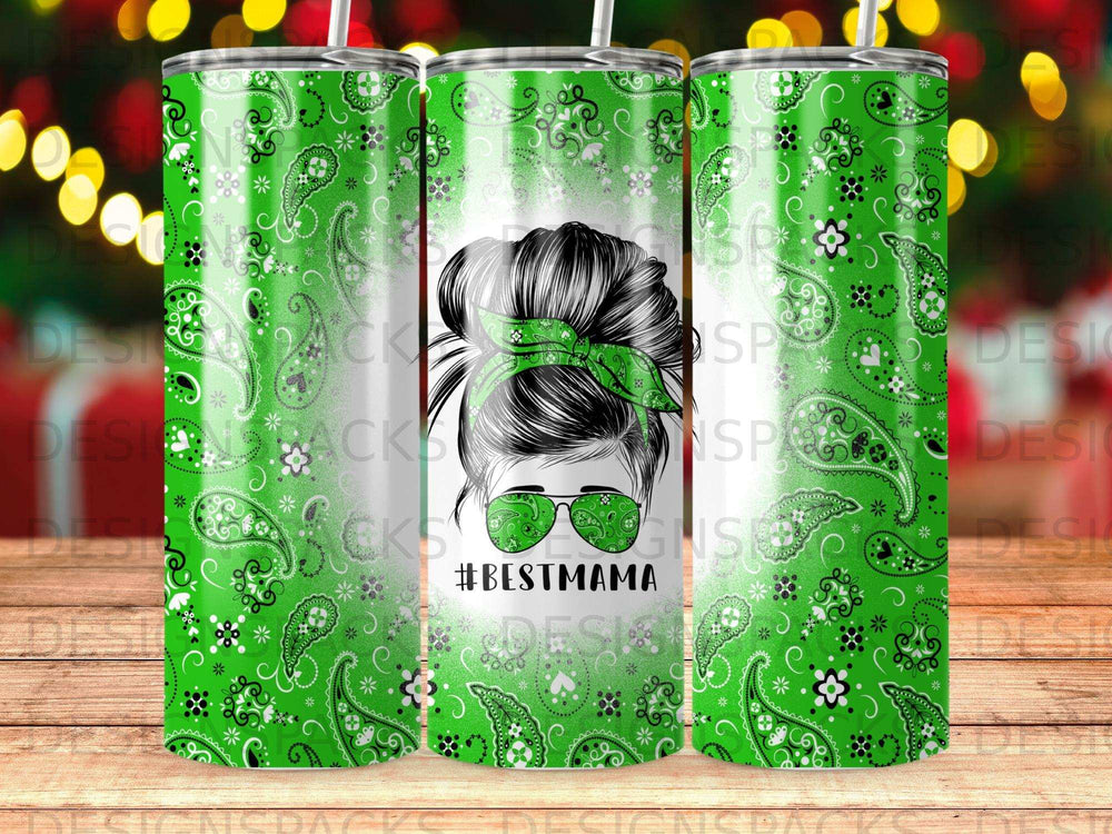Green bandana pattern tumbler with messy bun and sunglasses, #BESTMAMA text.