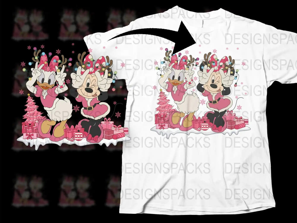 Kids Christmas T-Shirt, Cute Cartoon Reindeer Graphic, Pink Trees, Festive Holiday Apparel for Children