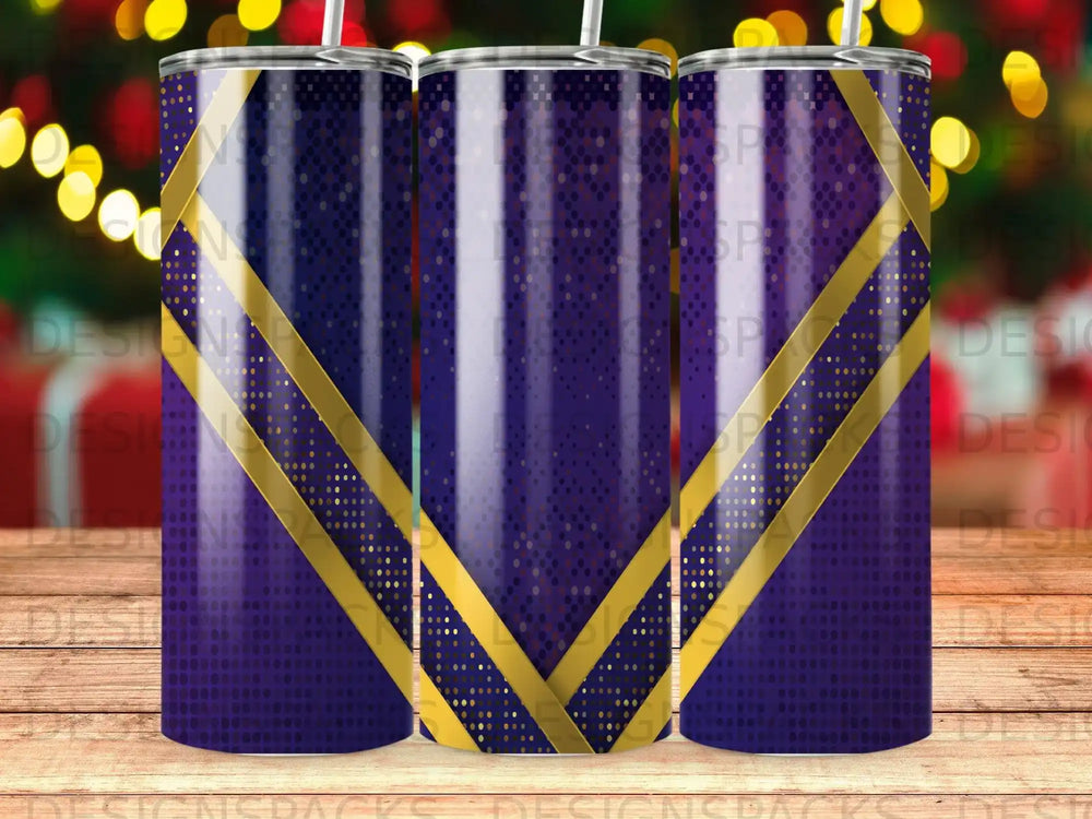 Purple and gold polka dot tumbler with diagonal gold stripe design.