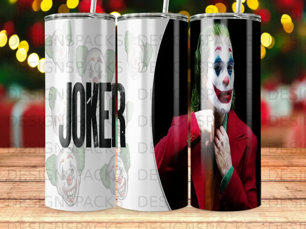 Joker movie poster design on a white tumbler with green accents.