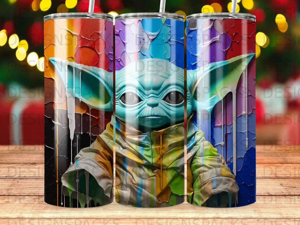 Grogu from Star Wars on a colorful, abstract background.