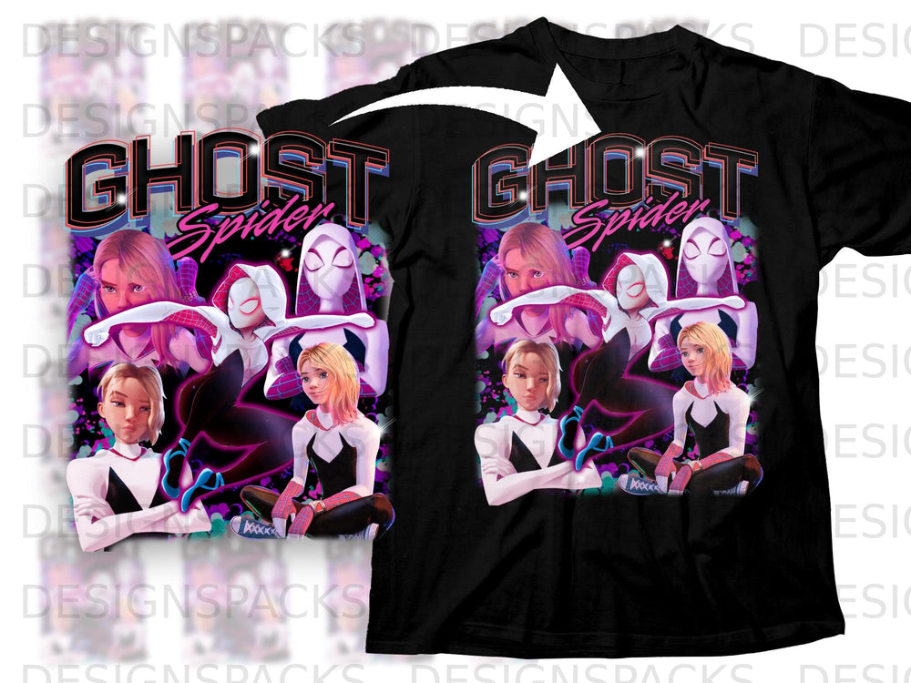 Ghost-Spider characters and title on a black t-shirt design.