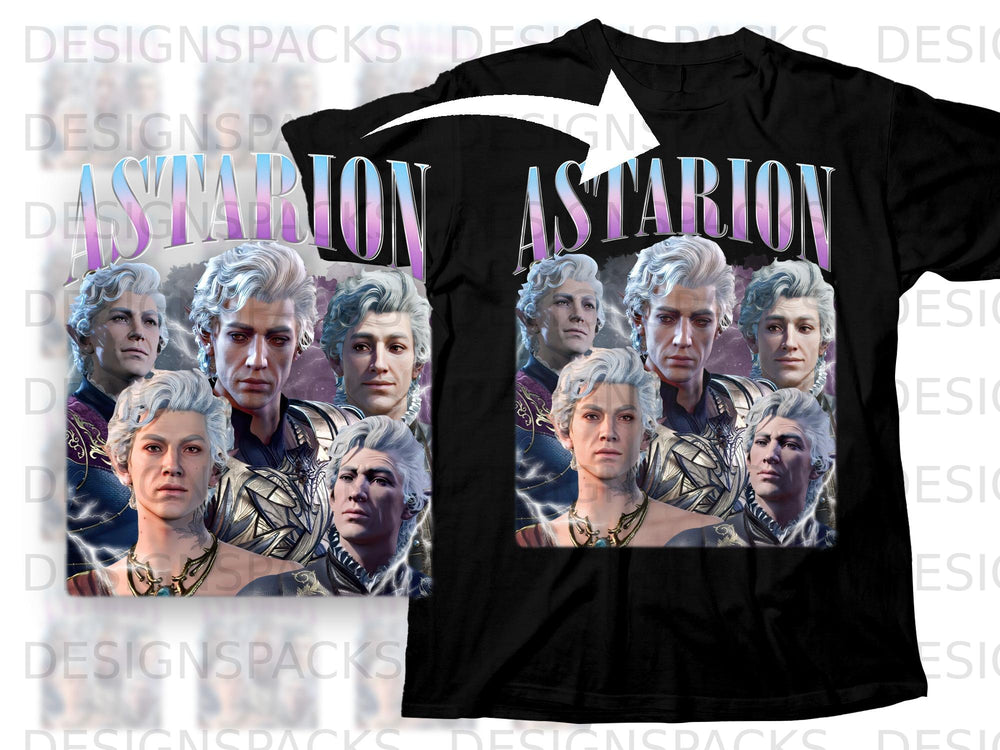 Black t-shirt featuring "Astarion" text and a collage of character portraits.