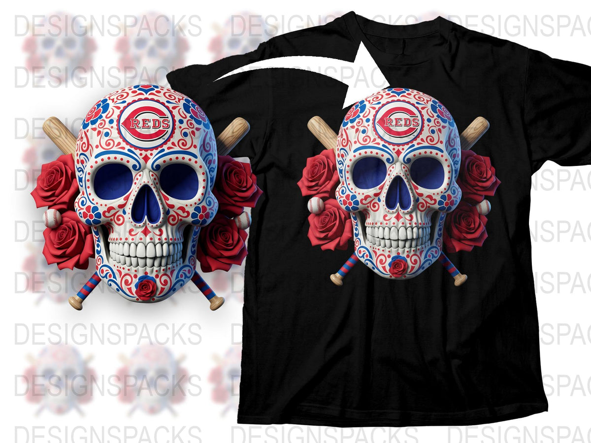 Sugar Skull T-Shirt, Floral Decor, Blue Patterns, Reds Typography, Unique Graphic Tee Design