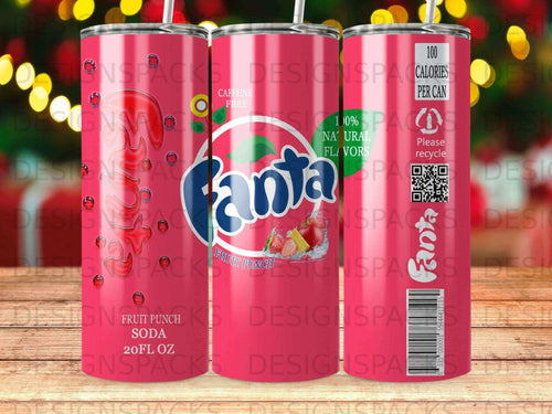 Fanta Fruit Punch soda can with nutritional information and barcode.