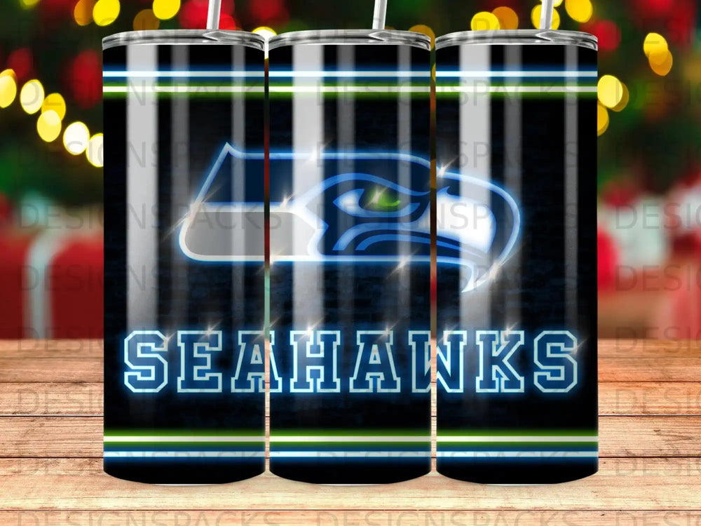 Seattle Seahawks logo on a black tumbler with blue and green stripes.