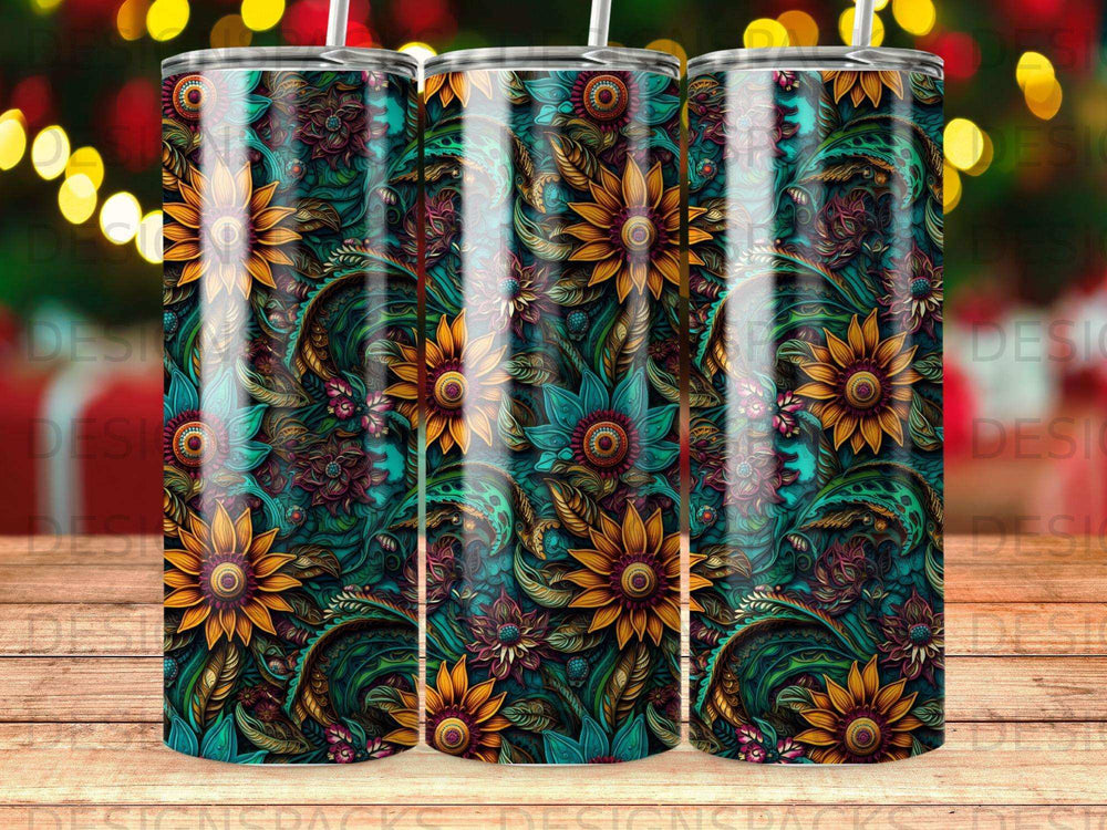 Floral tumbler with sunflowers and paisley pattern.