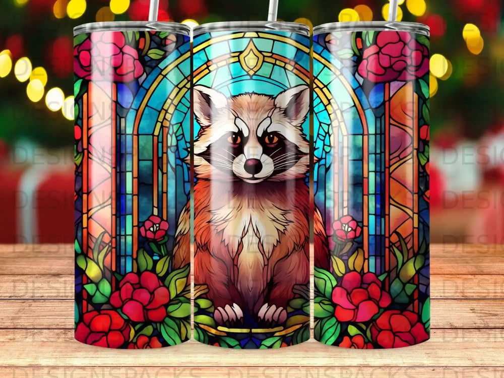Stained glass raccoon surrounded by red roses and floral patterns.
