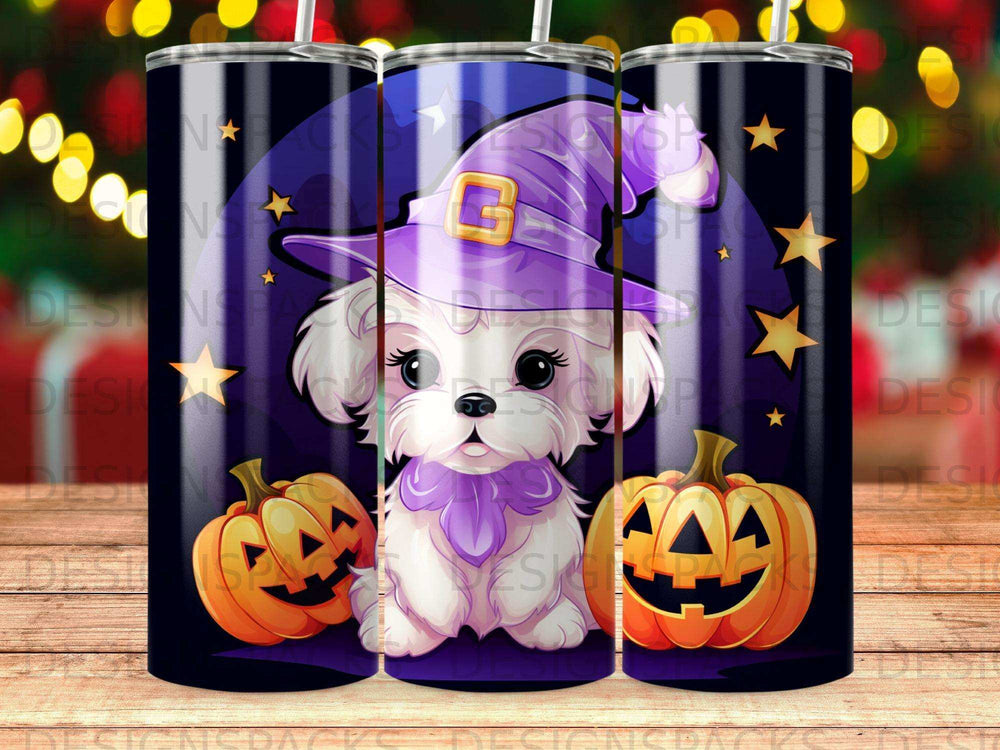White dog in a witch hat with pumpkins and stars.