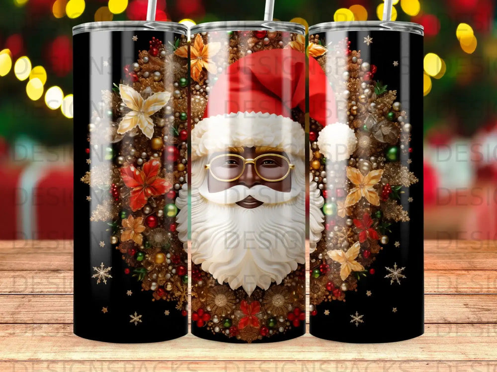 Black tumbler with Santa Claus wearing glasses, surrounded by a floral wreath.