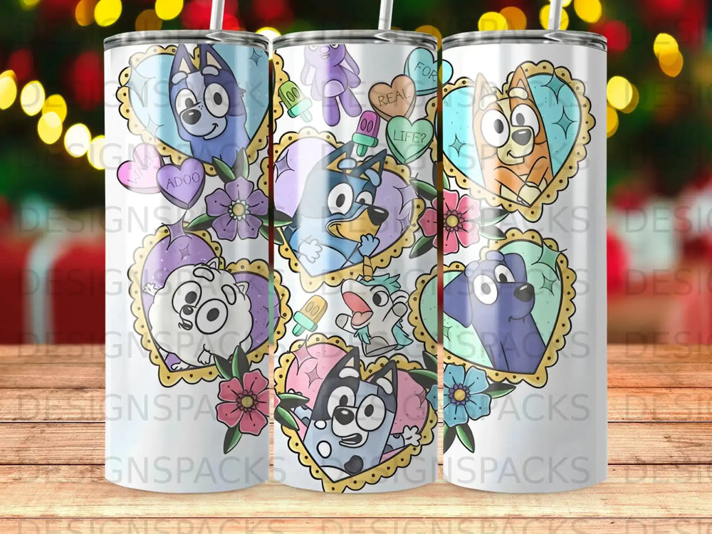 Bluey and Bingo characters on a heart-shaped tumbler with "For Real Life?" text.