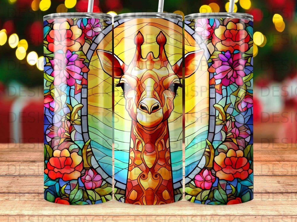 Giraffe portrait in stained glass with floral accents.