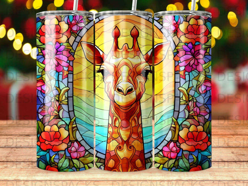 Giraffe portrait in stained glass with floral accents.