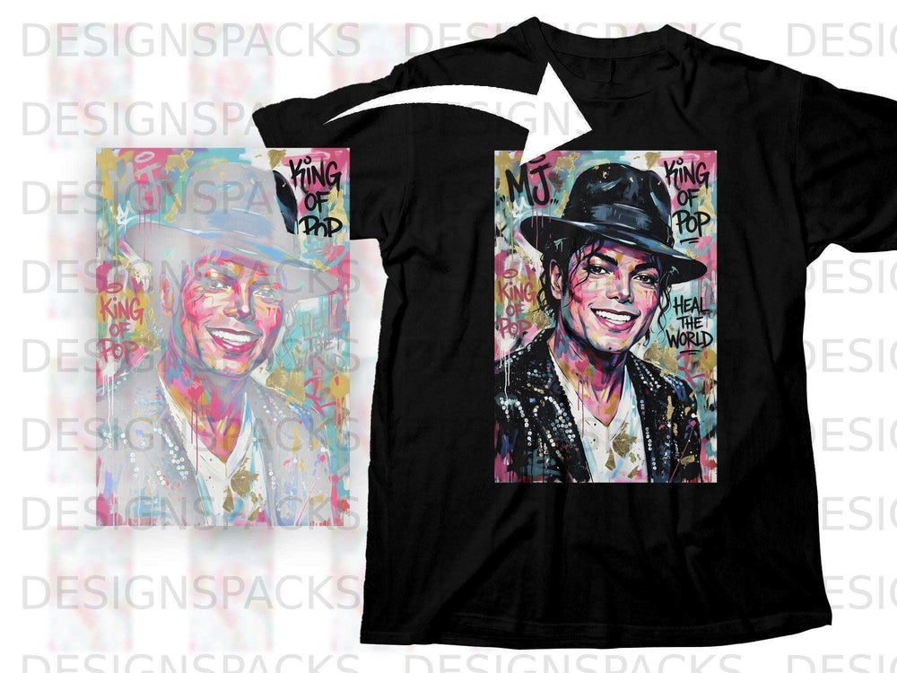 Black t-shirt featuring a vibrant MJ "King of Pop" portrait with "Heal the World" text.