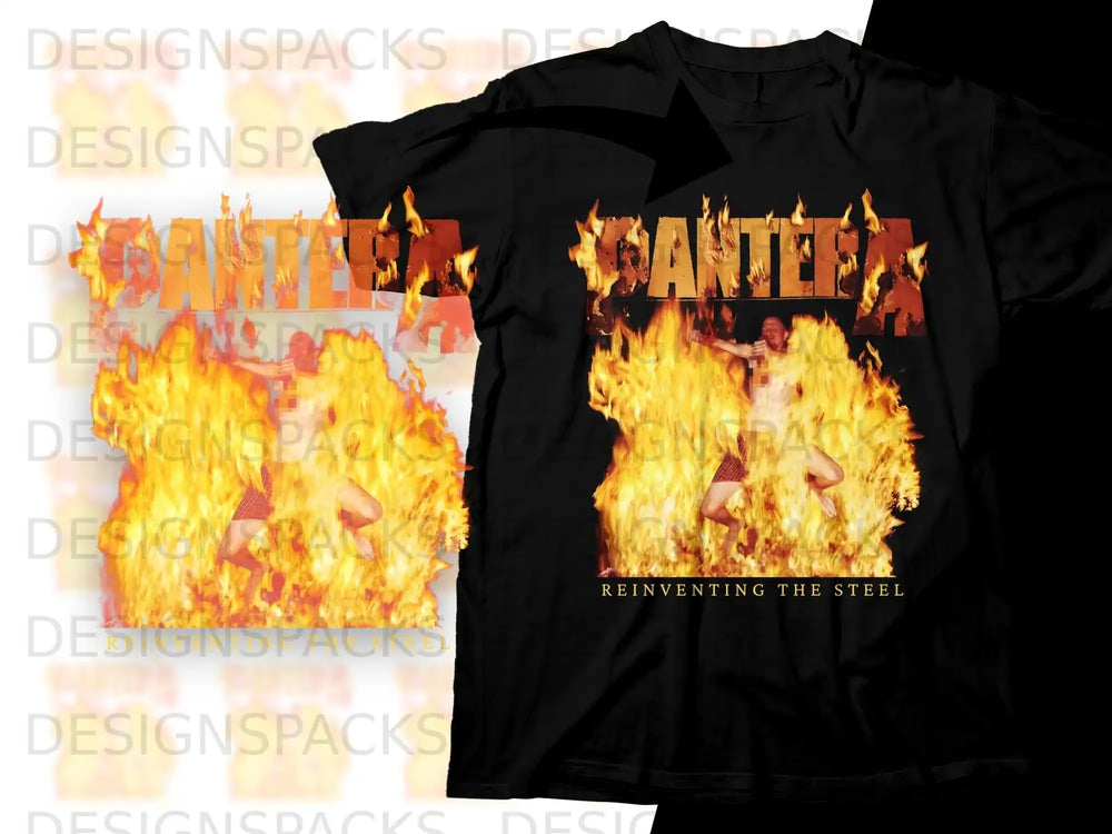 Black t-shirt with "SANTER" logo and a man in flames.