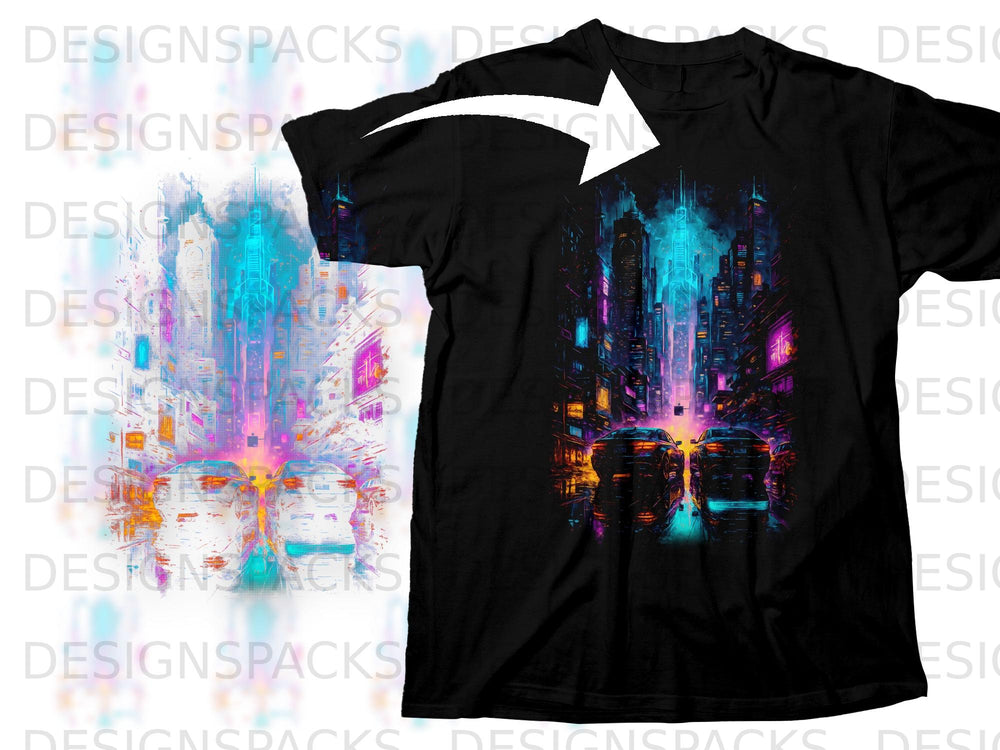Black t-shirt with a neon cityscape and cars design.