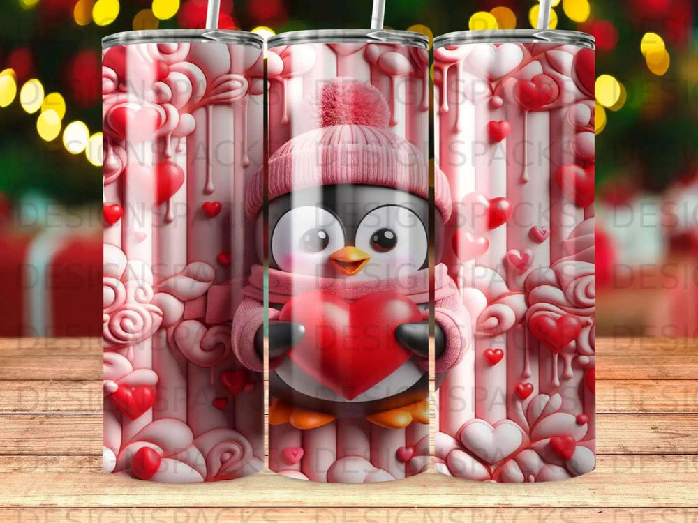 Penguin wearing a pink hat and scarf holding a heart, with heart patterns.