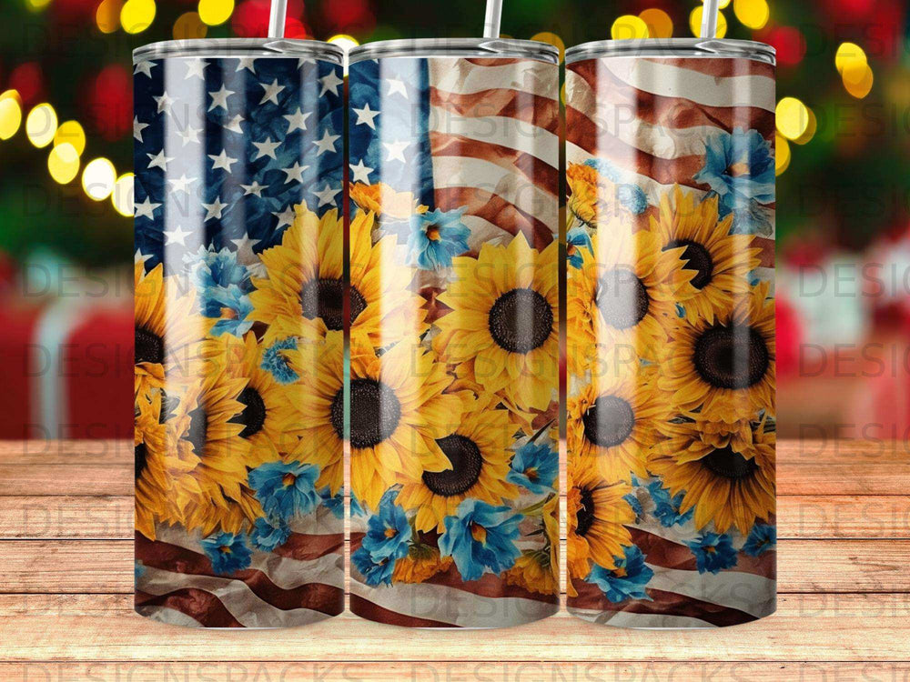 Sunflower and American flag tumbler with patriotic design.
