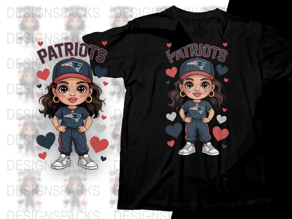 Cute Patriots Fan Girl T-Shirt, Cartoon Character Football Fan Apparel, Trendy Sports Themed Kids Clothing