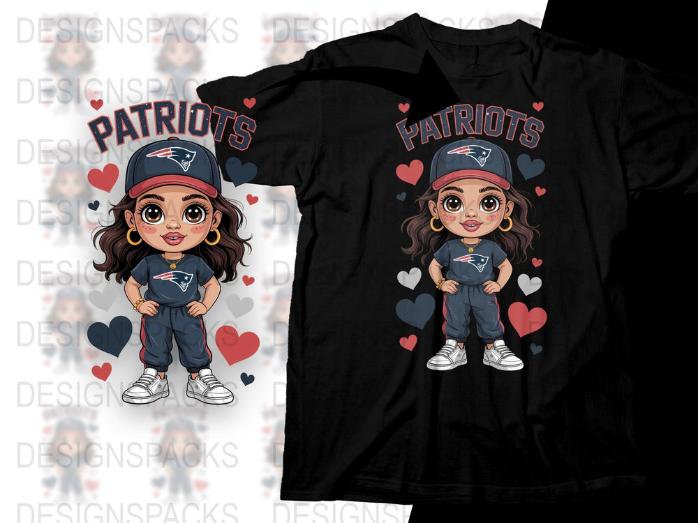 Cute Patriots Fan Girl T-Shirt, Cartoon Character Football Fan Apparel, Trendy Sports Themed Kids Clothing