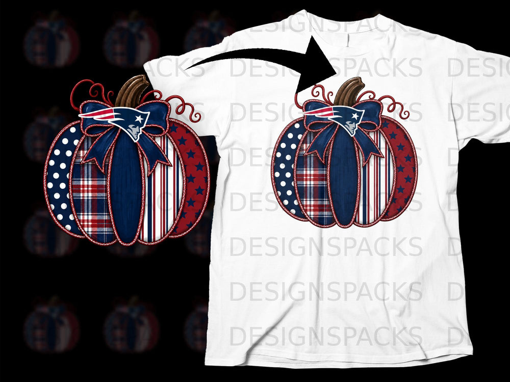 Patriots themed pumpkin with bow on white t-shirt mockup.