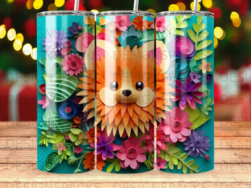 Orange and white dog among colorful paper flowers on a teal background.