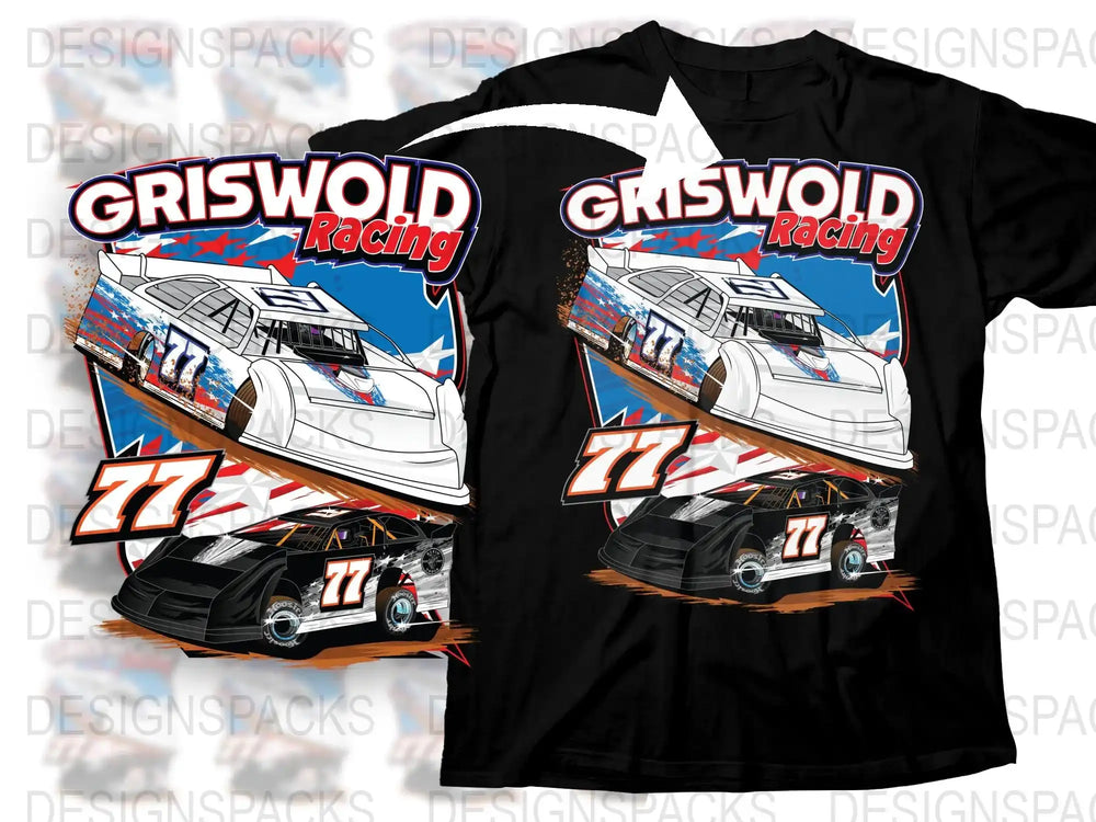 Griswold Racing Graphic T-Shirt, Motorsport Car Design, Black Tee, Men's Casual Wear, Number 77, Speed Enthusiast Gift