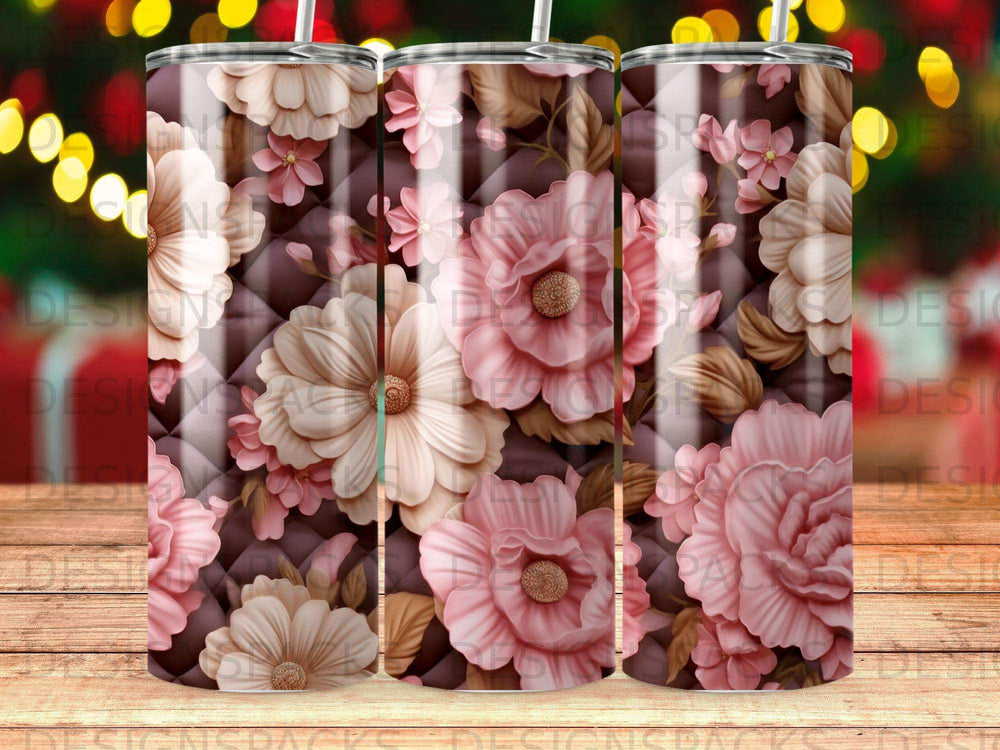 Pink and white floral pattern on a brown quilted background.