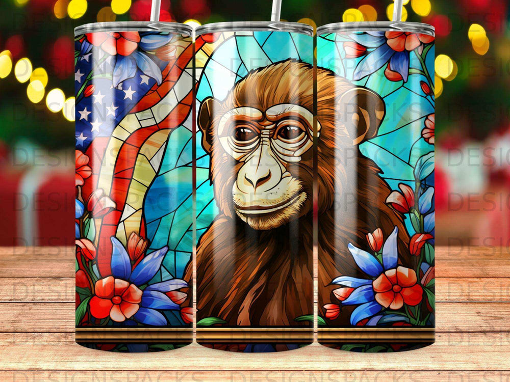 Stained glass monkey with American flag and floral accents.