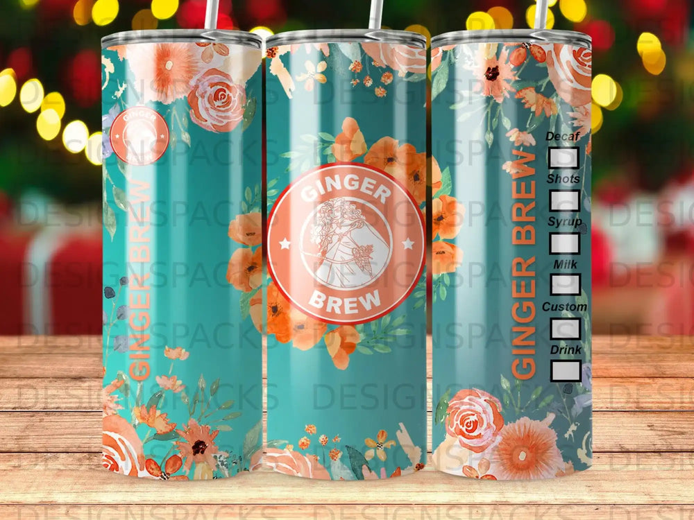 GINGER BREW text on teal tumbler with floral and ginger illustrations.