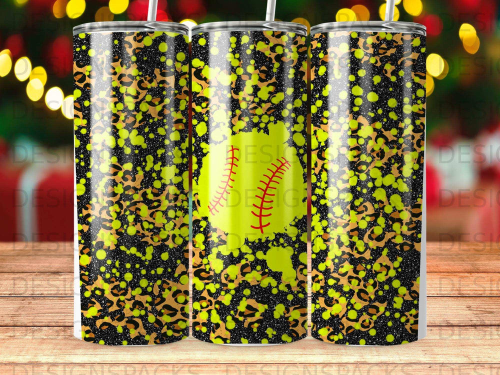 Three tumblers with leopard print and baseball graphic.