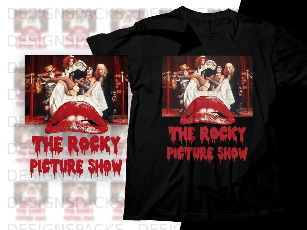 Black t-shirt with "The Rocky Picture Show" graphic featuring stylized lips and characters.