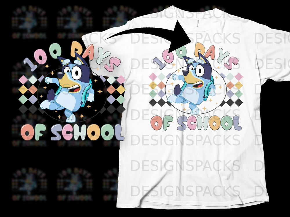 Bluey character celebrating "100 Days of School" with colorful text and graphics.