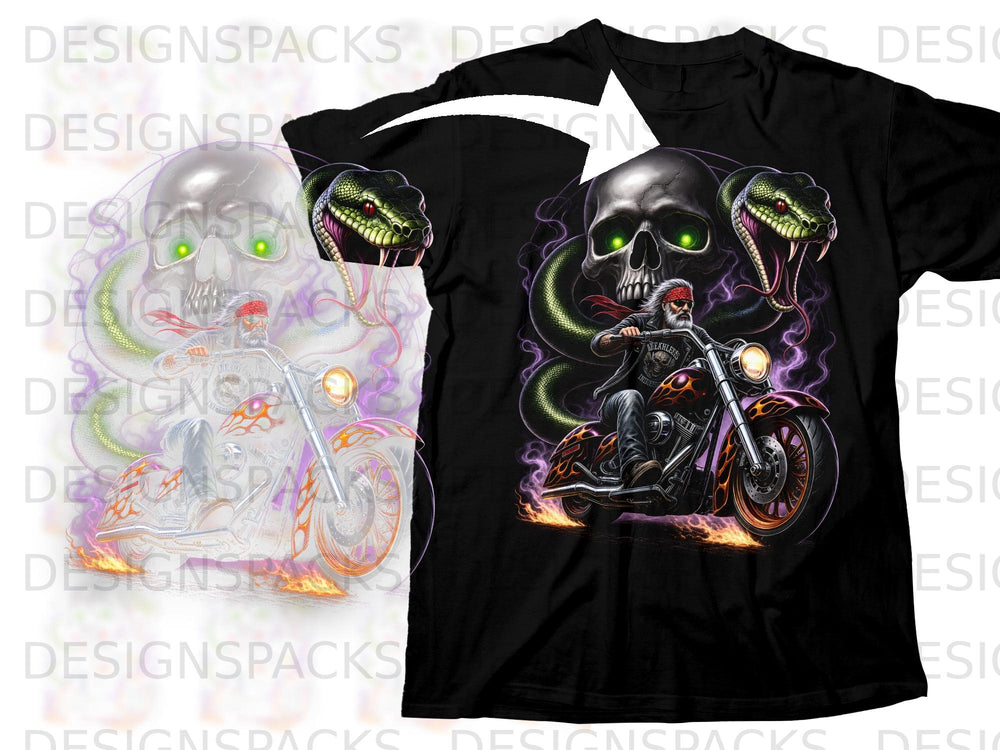 Black t-shirt with skull, snake, and biker on a motorcycle with flames graphic.