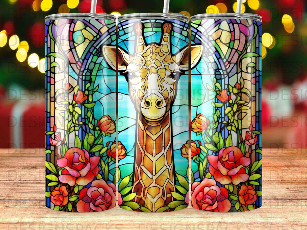Giraffe and roses stained glass design on a tumbler wrap.