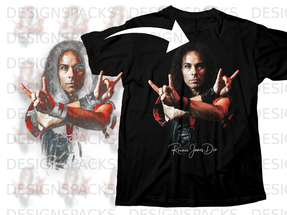 Black t-shirt with a graphic of Ronnie James Dio making the devil horns hand gesture.