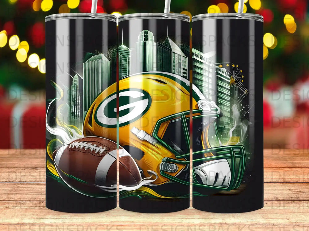 Green Bay Packers helmet and football with city skyline background.