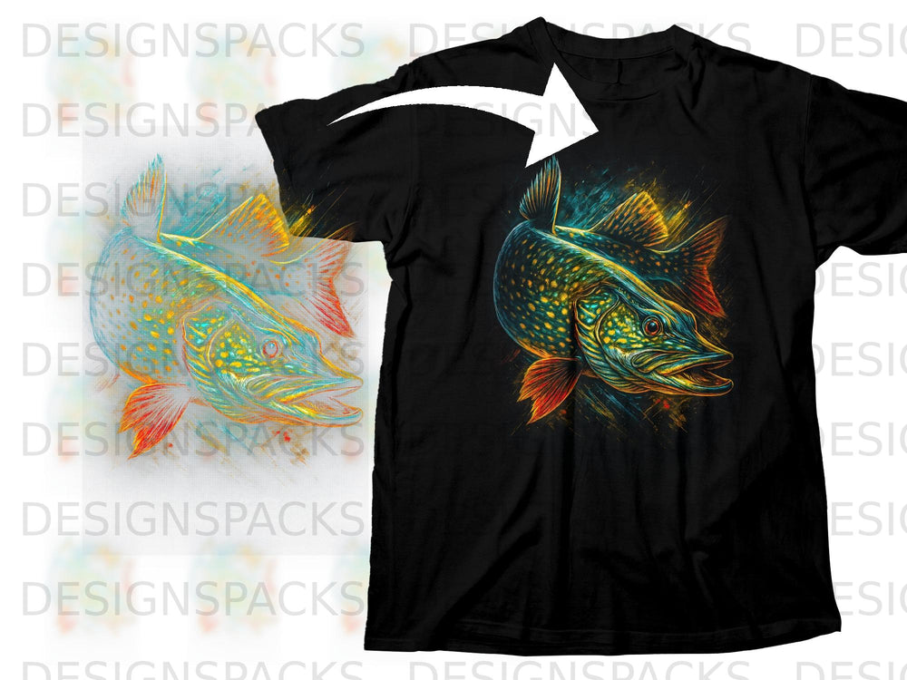 Black t-shirt with a vibrant, colorful graphic of a pike fish.