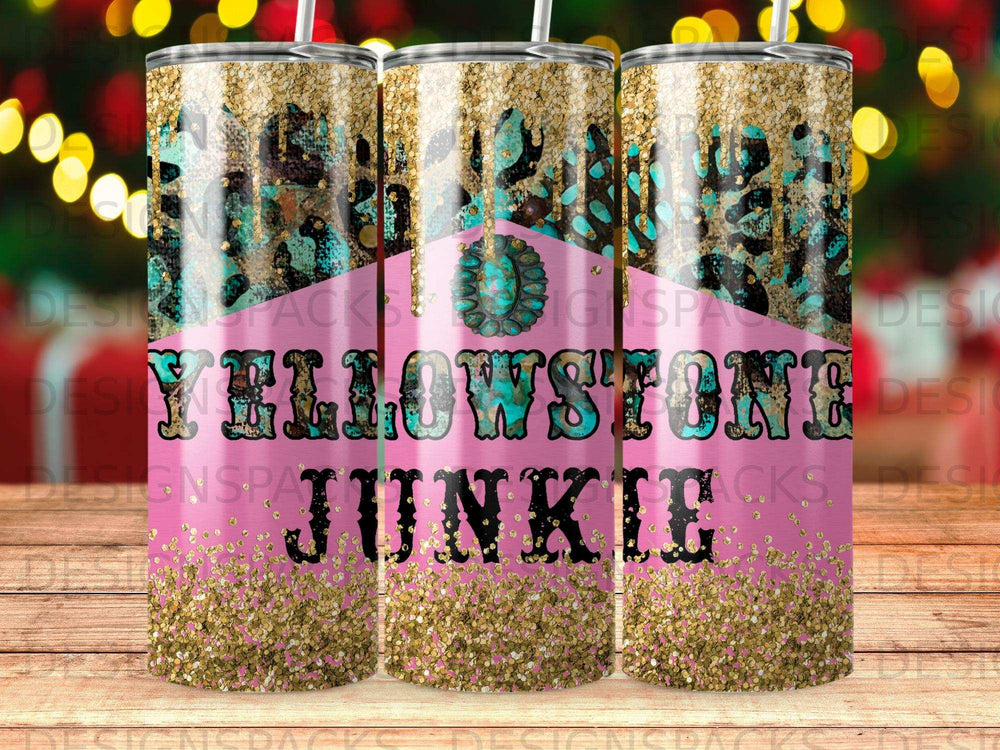 Yellowstone Junkie tumbler with leopard print and gold glitter accents.