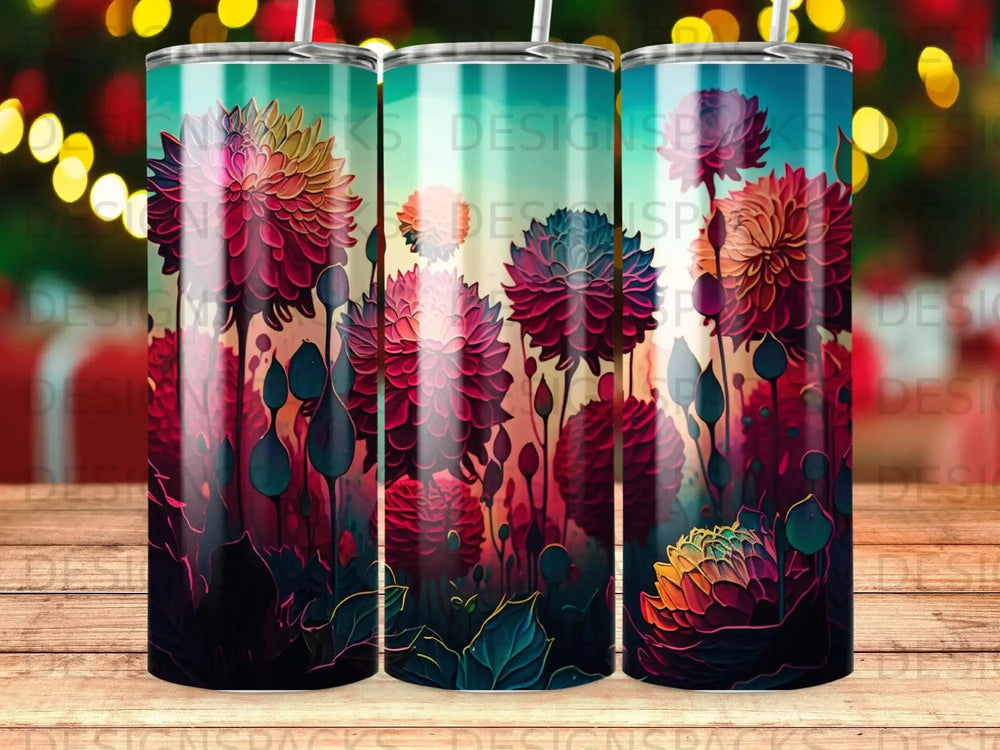 Three tumblers featuring colorful floral illustrations with dark foliage.