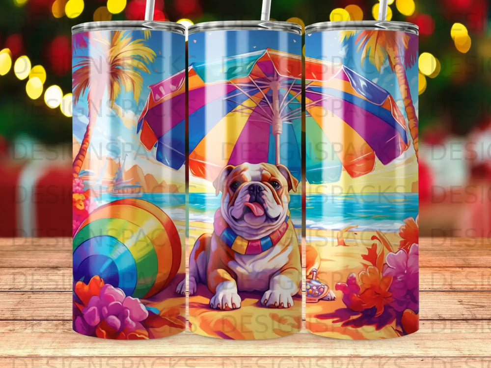 Bulldog on a beach under a colorful umbrella with a beach ball.