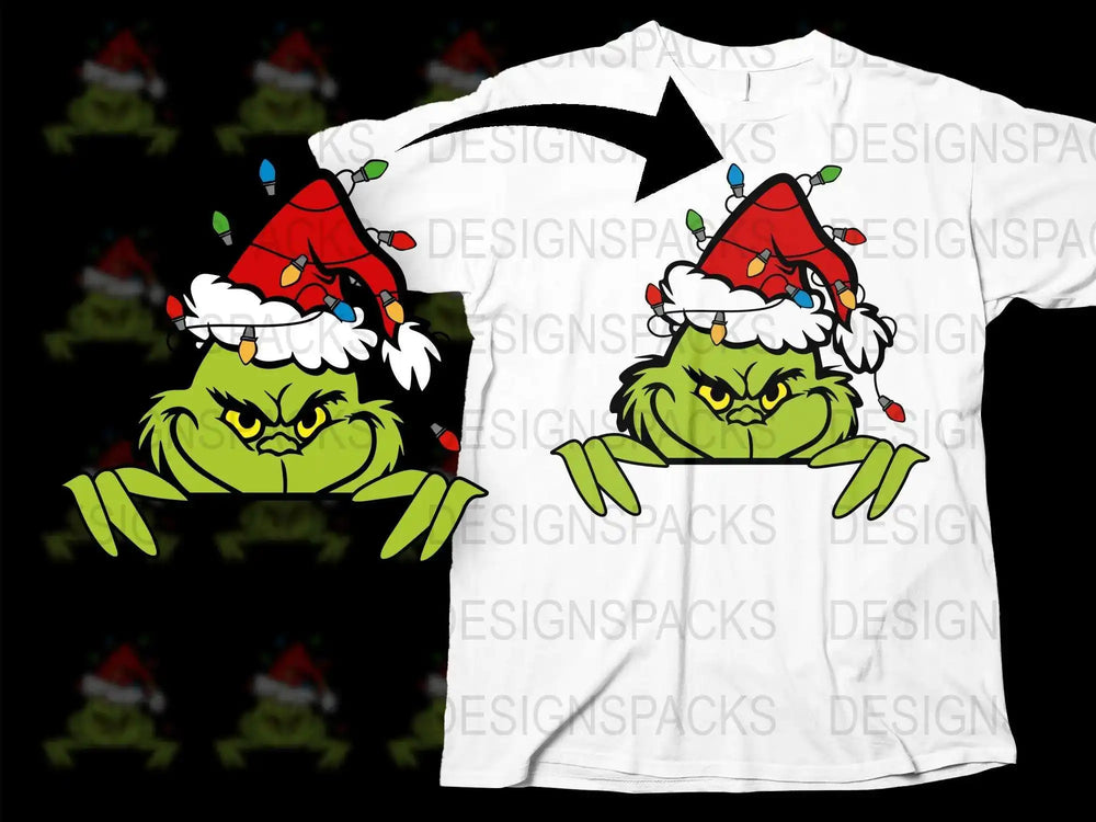 Grinch Inspired Christmas T-Shirt, Festive Holiday Graphic Tee, Santa Hat Design, Unisex Cotton Shirt