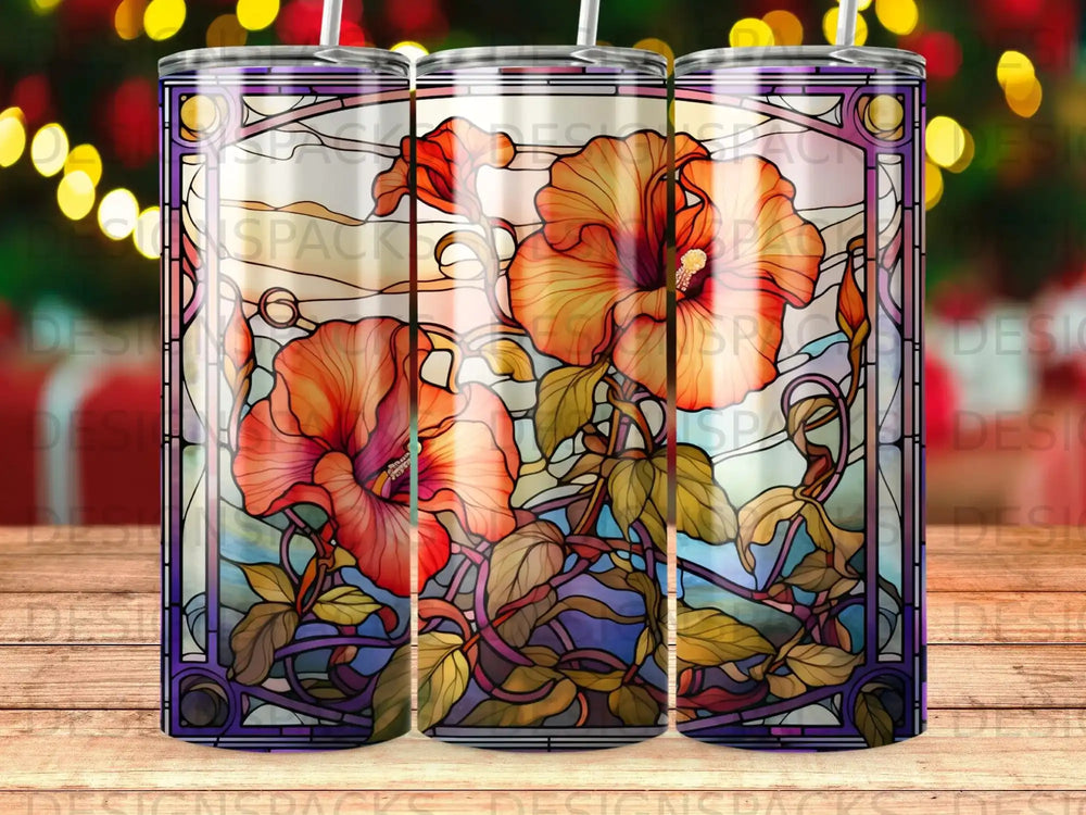 Stained glass tumbler with large orange hibiscus flowers and purple floral border.