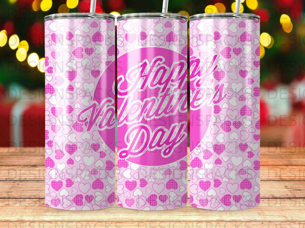 Pink tumbler with "Happy Valentine's Day" text and heart pattern.