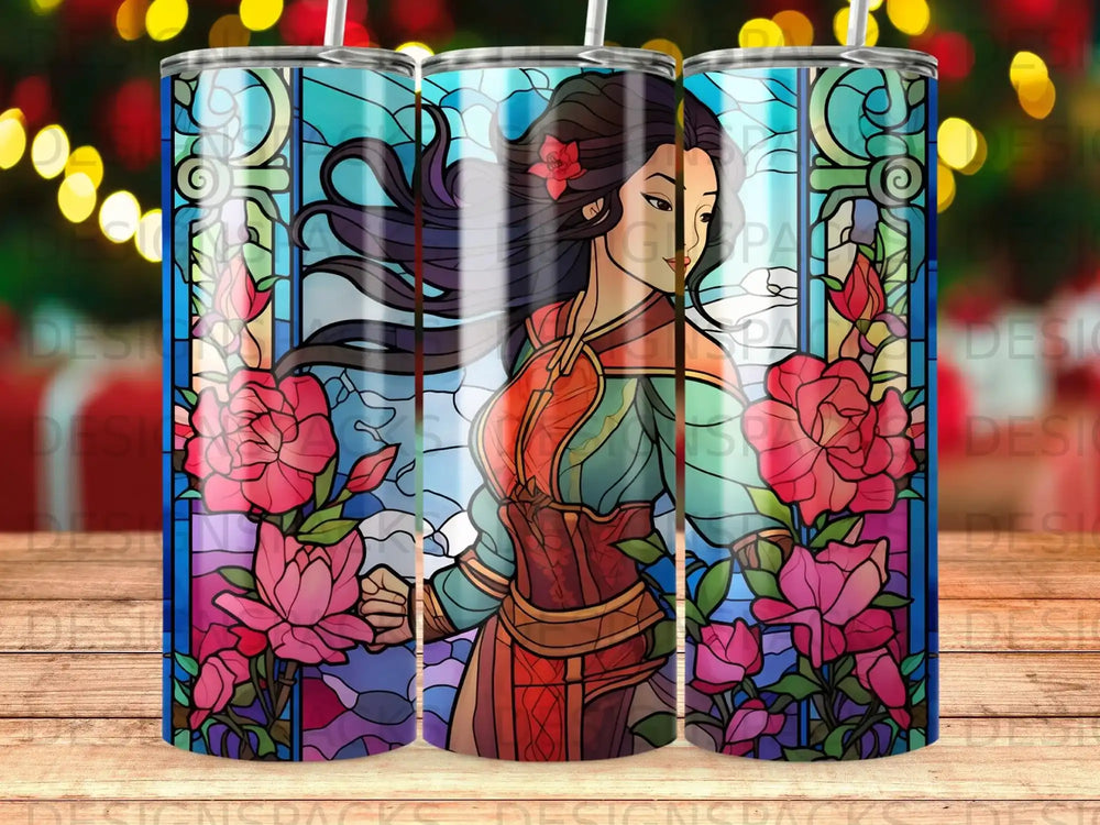 Stained glass style tumbler featuring Mulan surrounded by pink flowers.